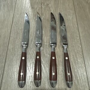 Chefs Dinner Steak Knives Stainless Steel Bistro Woodgrain Brown Set of 4